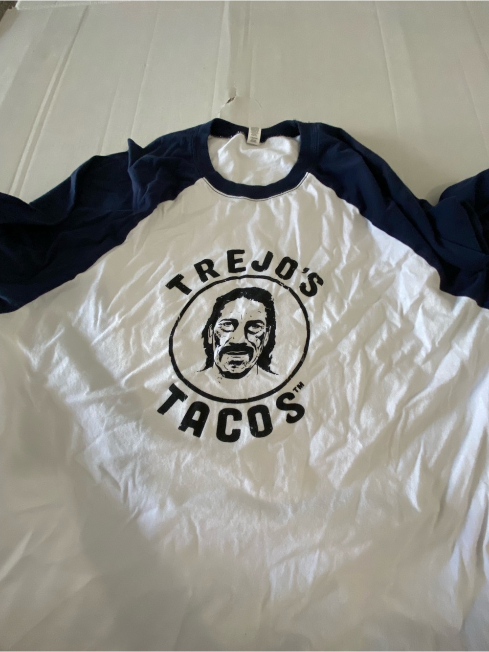 Trejo's Tacos Raglan Baseball Tee - White & Navy 2XL 24” armpit Tuesday Tacos